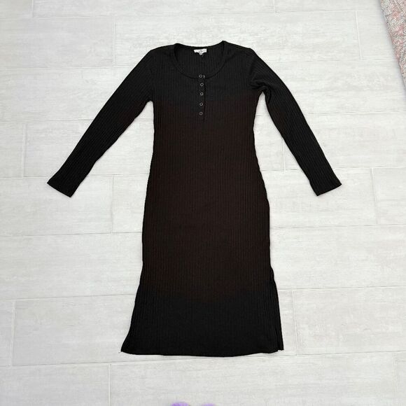 Entro Maxi Dress Long Sleeve Full Length Scoop Neck Black Sweater Large Buttons - Picture 1 of 9